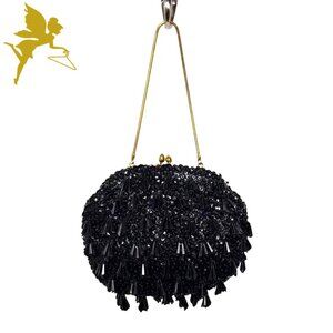 VINTAGE Black Shimmer Facetted Dangle Bead & Sequin 1920s Style Evening Bag